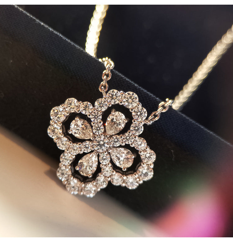 Sparkling Cubic Zirconia Four Leaf Clover 925 Sterling Silver Women's Necklace