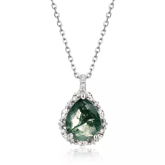 Natural Green Moss Agate Pendant Necklace - 925 Sterling Silver, 45cm Chain, Unique Anniversary Gift for Women - Moss Agate Collection, IceBox DC