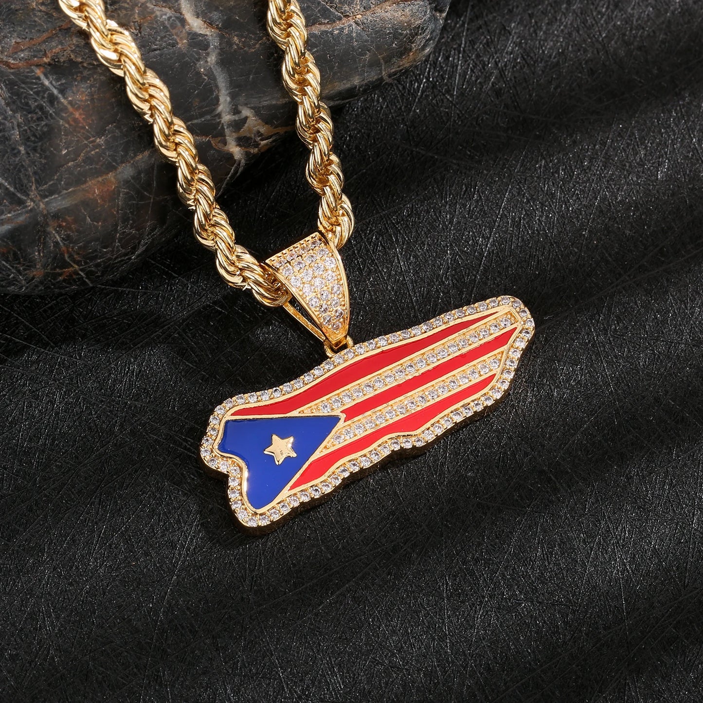 "El Pippen Icy" Original Flag Puerto Rico Map Pendant 14K plated set with Zirconium Diamond