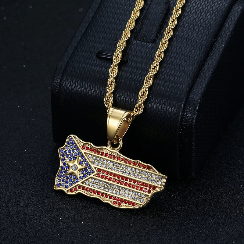 "La Leili" Iced Out Map & Flag Pendant Necklace (Gold-Plated)
