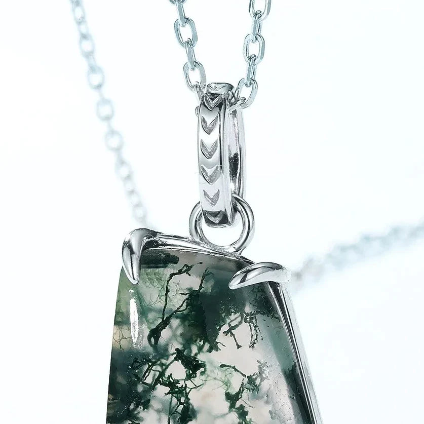 Unleash Inner Harmony: Unique Green Moss Agate Necklace, Sterling Silver