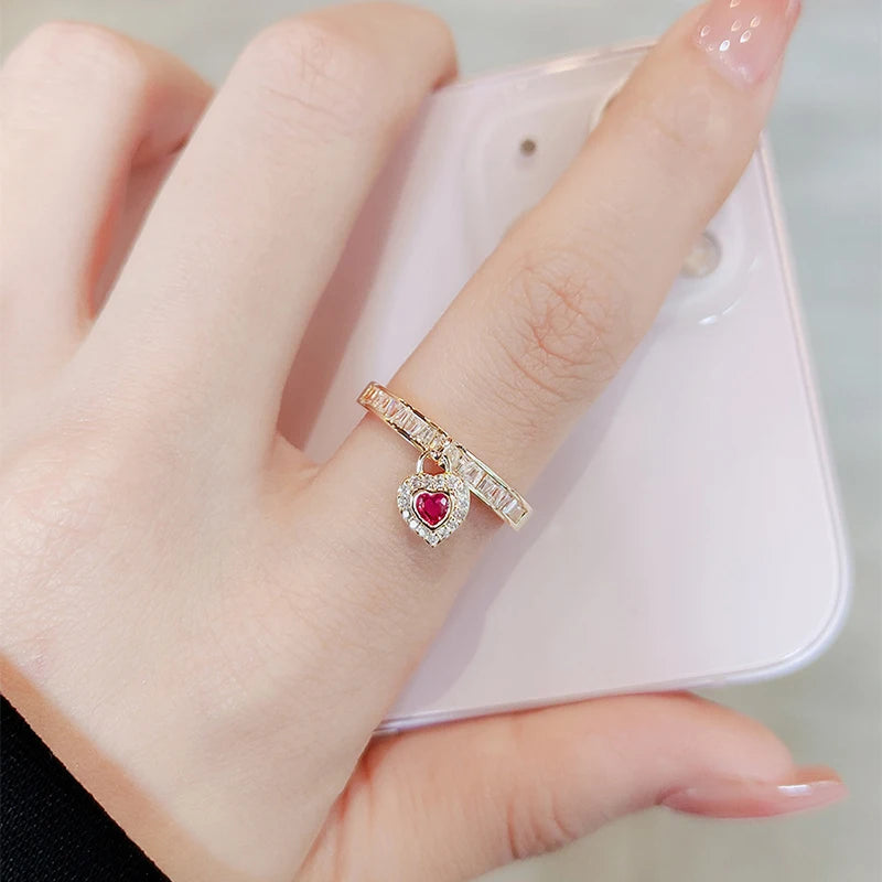 IceBox DC - Exquisite Love Gold-Plated Ring, High Grade Shiny Ruby Heart Shaped Zircon, Open Design Zirconia Ring