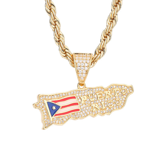 " La Marly" Original Flag Puerto Rico Map Pendant 14K plated set with Zirconium Diamond