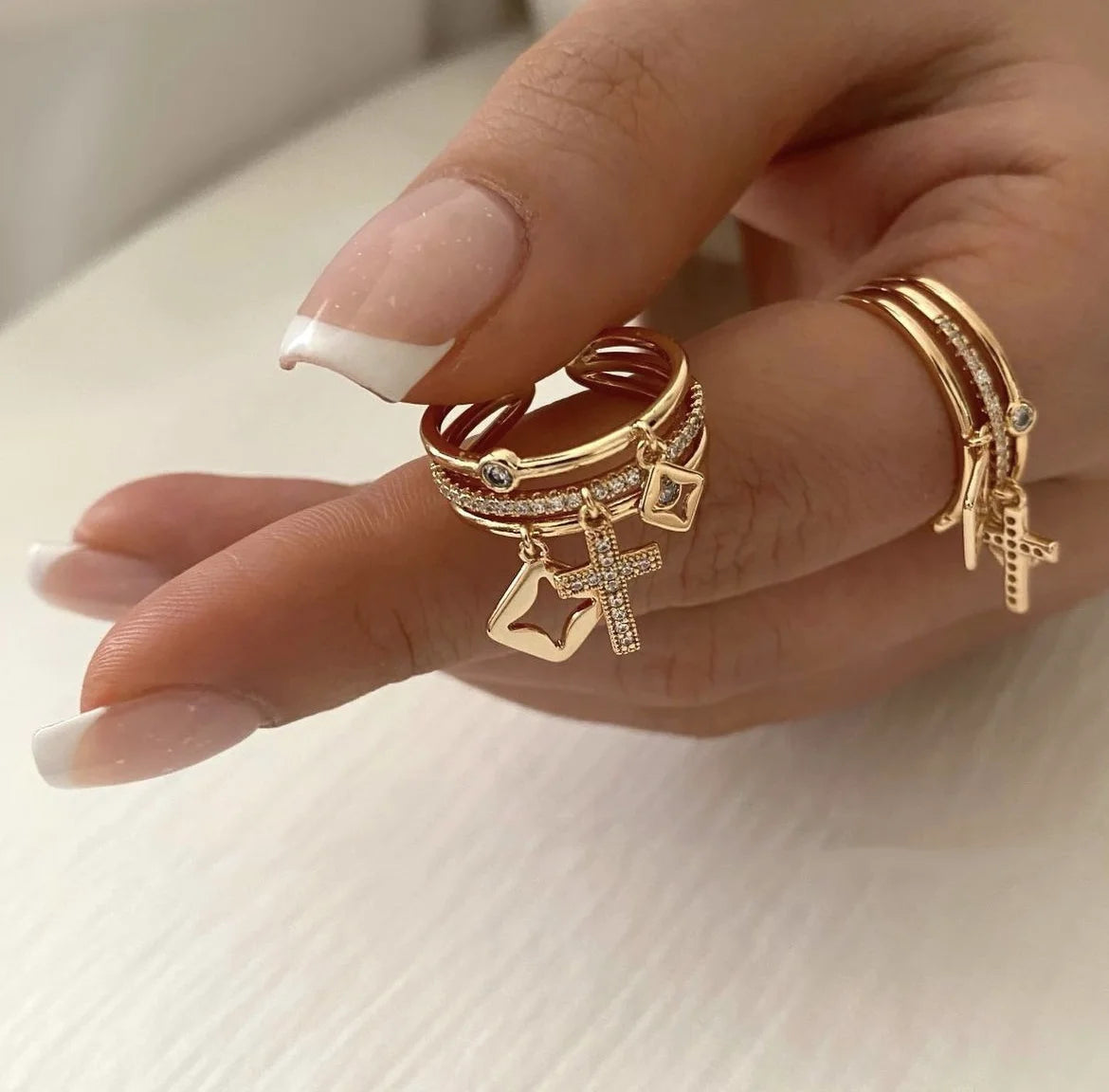IceBox DC Trendy Collection - 18K Gold Plated Sun Rings for Women - Natural Stone Inlaid in Hollow Metal Texture - Hip Hop Luxury Jewelry