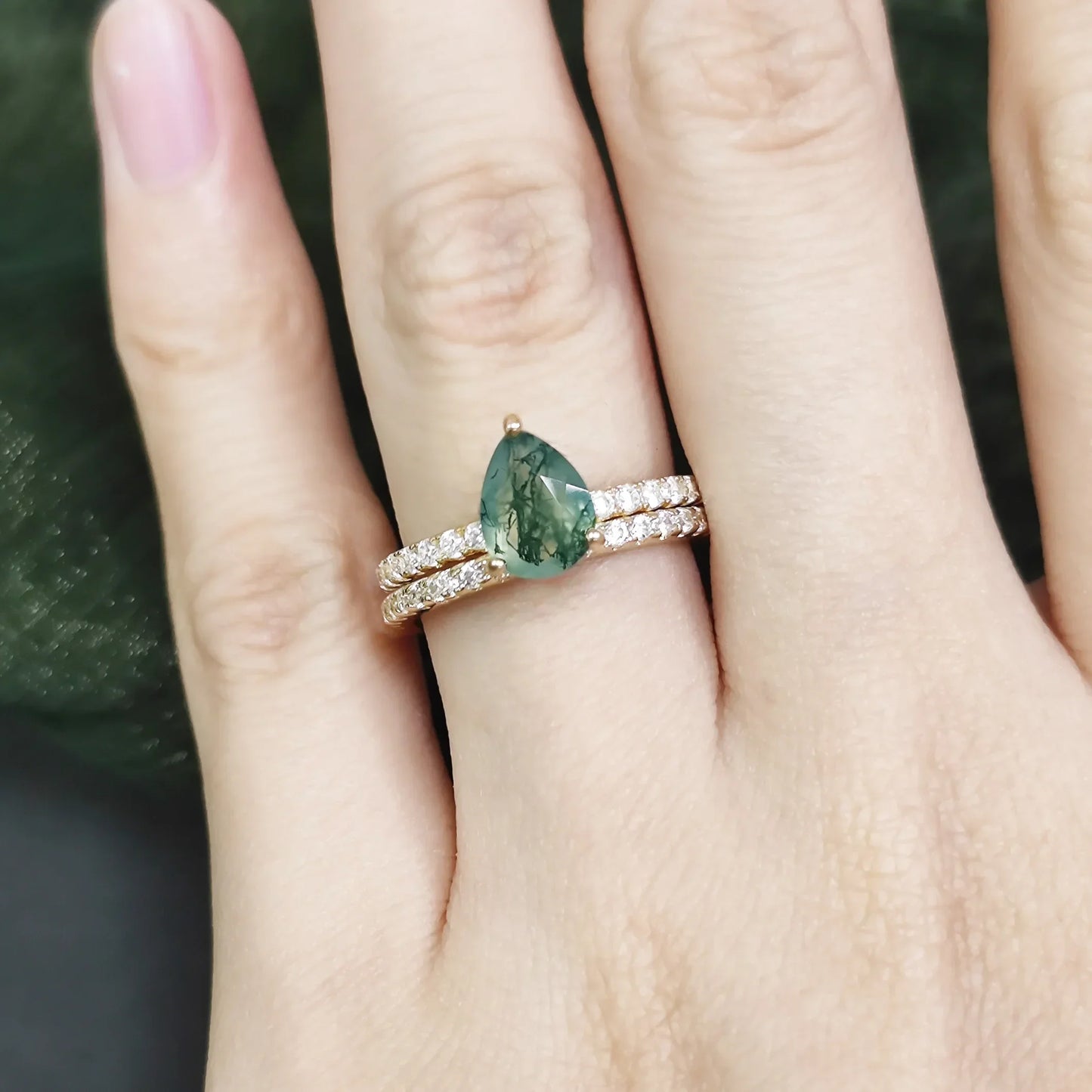 IceBox DC: Moss Agate Majesty ✨ Double Gold-Plated & CZ Ring Set (Engagement, Wedding)
