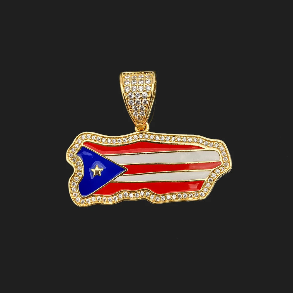 "El Mekhi " Original Flag Puerto Rico Map Pendant 14K plated set with Zirconium Diamond