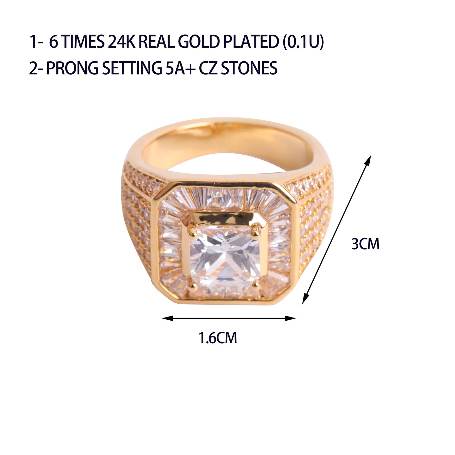 Men's Gold Plated Square Baguette CZ Micro Pave Ring | Iced Out Hip Hop Ring