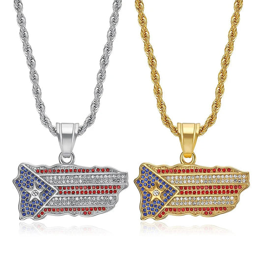 "La Leili" Iced Out Map & Flag Pendant Necklace (Gold-Plated)