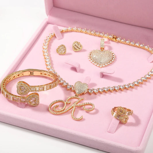 The IceBox D.C. Mom's Day Gift: Gold Plated Cubic Zirconia Heart - Initial Jewelry Set  (Earrings, Necklace, Bracelet, Ring included)