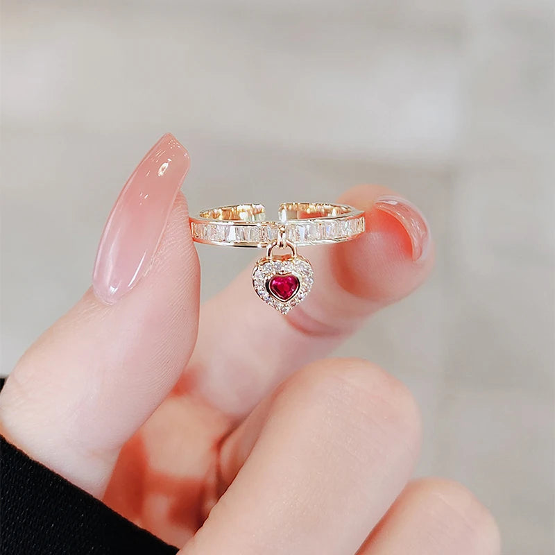 IceBox DC - Exquisite Love Gold-Plated Ring, High Grade Shiny Ruby Heart Shaped Zircon, Open Design Zirconia Ring